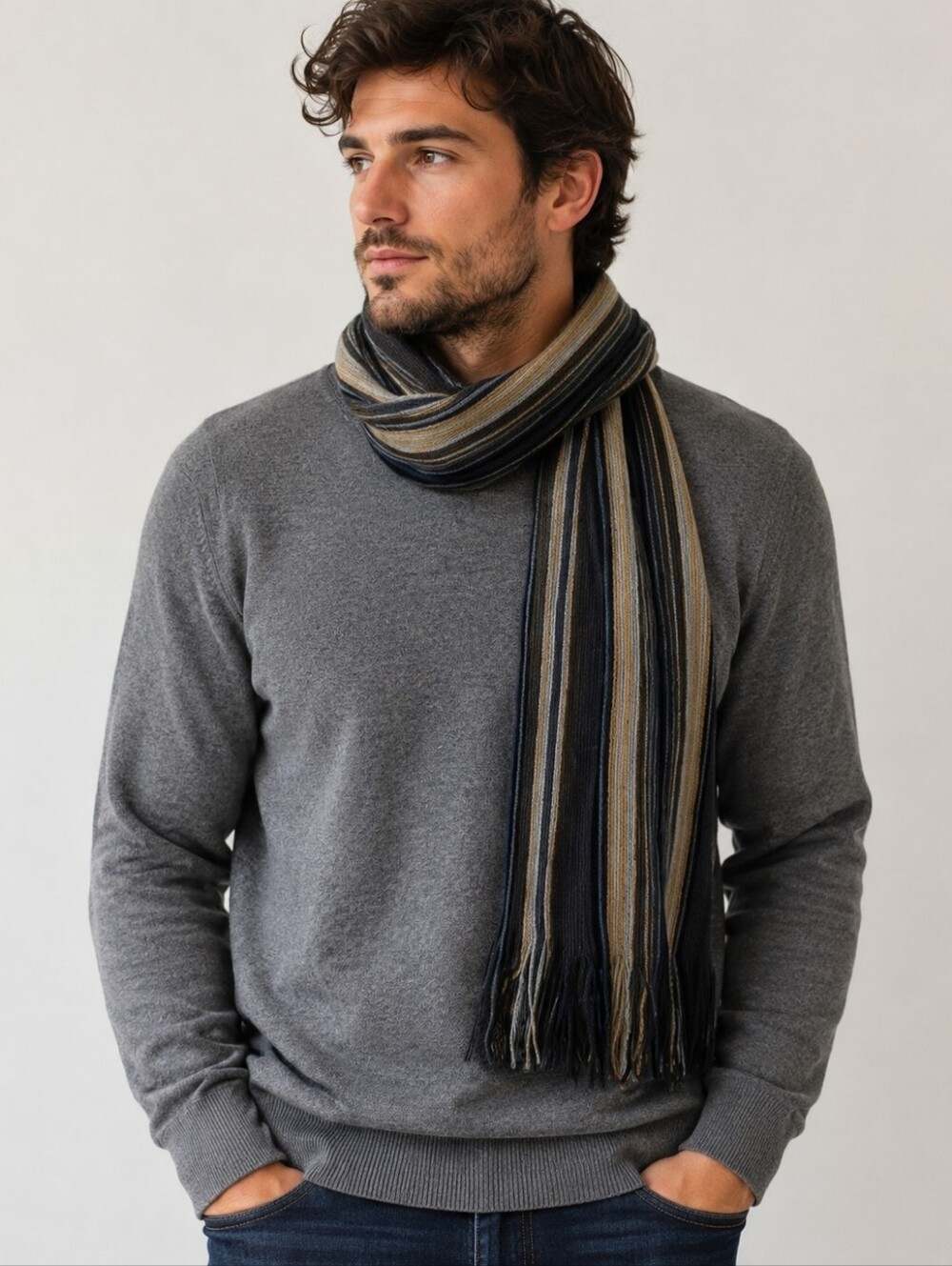 Echo Soft Acrylic Striped Fringe Scarf Gray Tan Blue Unisex Winter Wrap